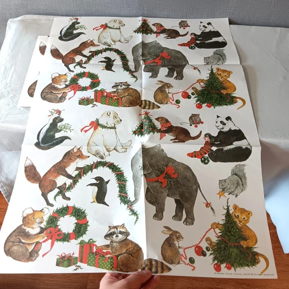 G Gordon Fraser Christmas Gift Wrap Animals Elephant Panda Koala 20x28 Vintage
